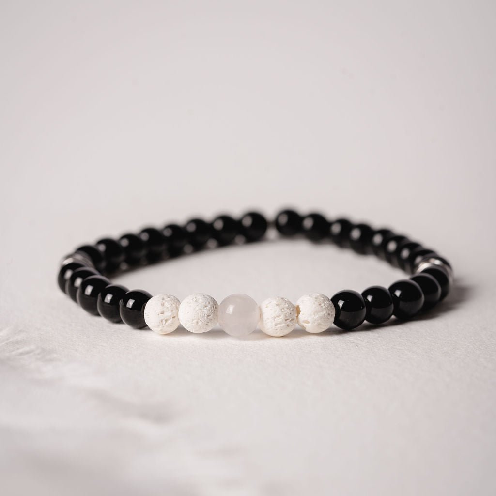 Bracelet Nyx en obsidienne noire, pierre de lave blanche et quartz rose