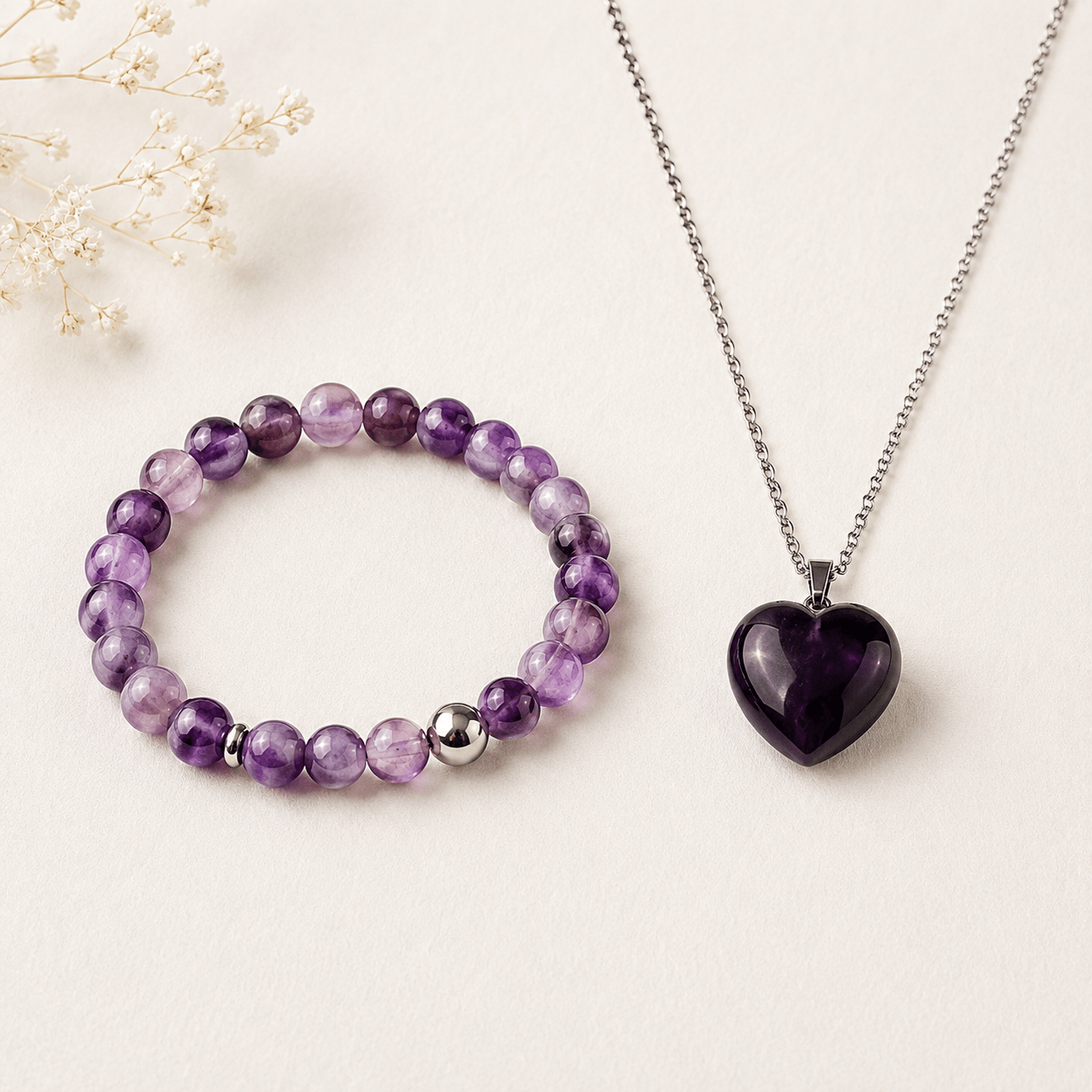 Duo améthyste – collier cœur et bracelet - Ovie Bijoux