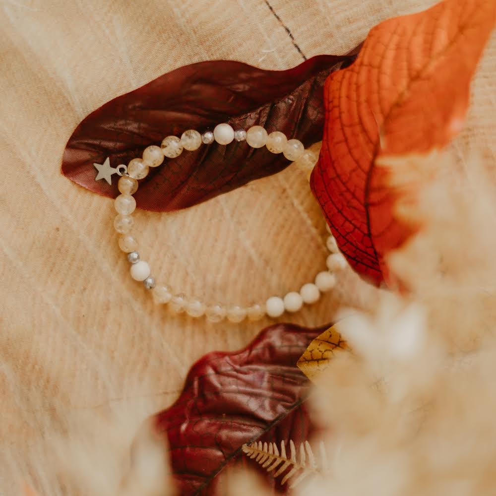 
                  
                    Bracelet en pierres fines quartz avec une breloque en forme d'étoile en acier inoxydable  déposé sur un nid de feuille d'automne rouge
                  
                