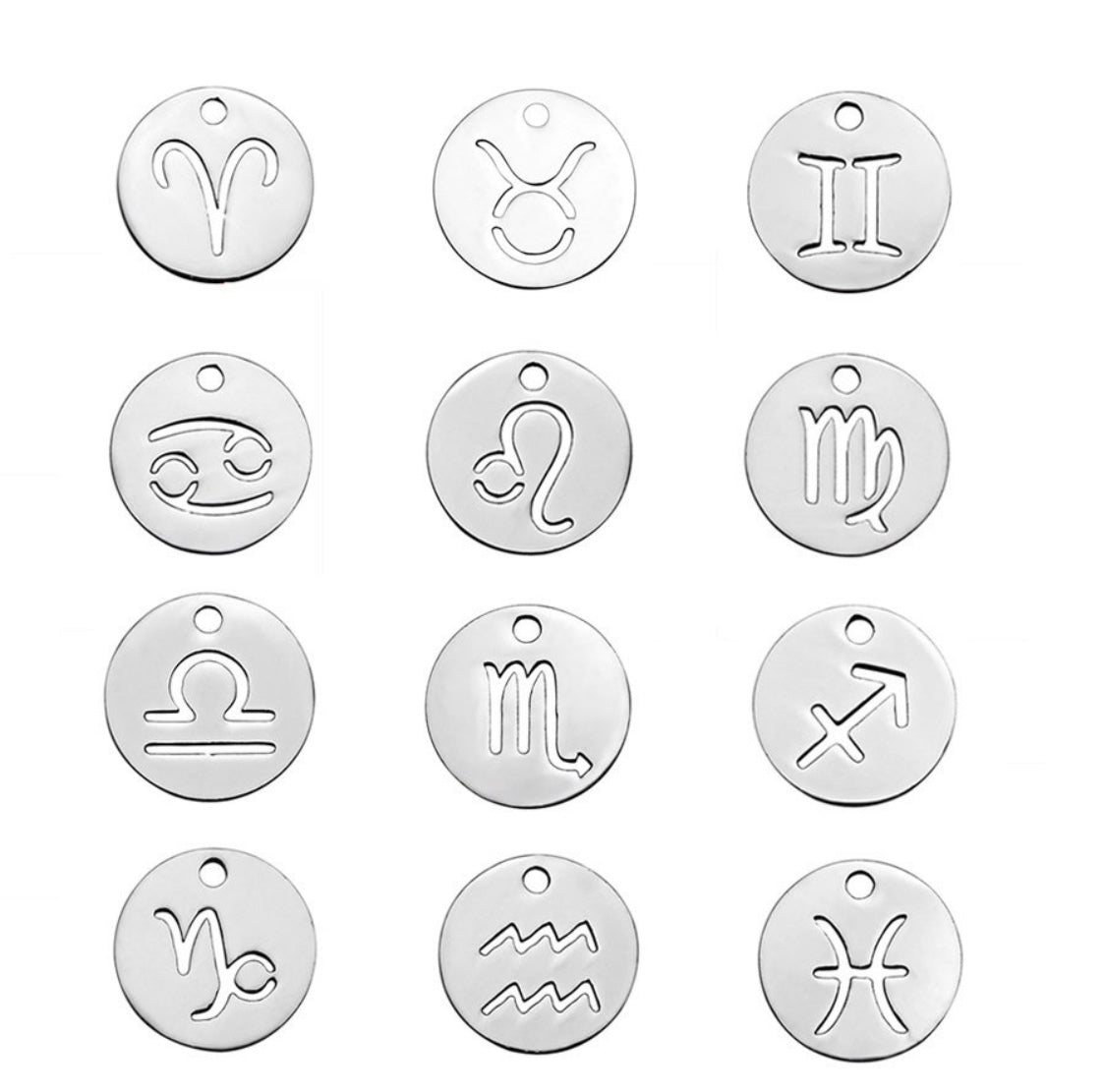
                  
                    Douze breloques signes astrologiques  en acier inoxydable sur fond blanc
                  
                