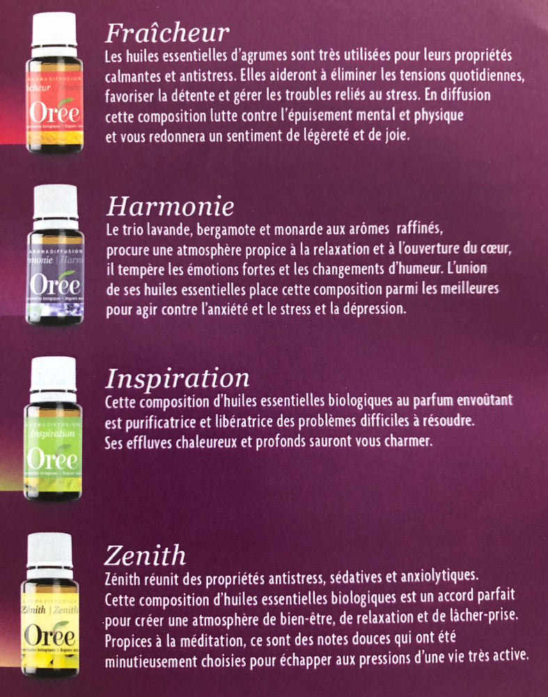 
                  
                    Description des bienfaits de quatre huiles essentielles biologique du Québec (fraîcheur, harmonie, inspiration et zénith)
                  
                
